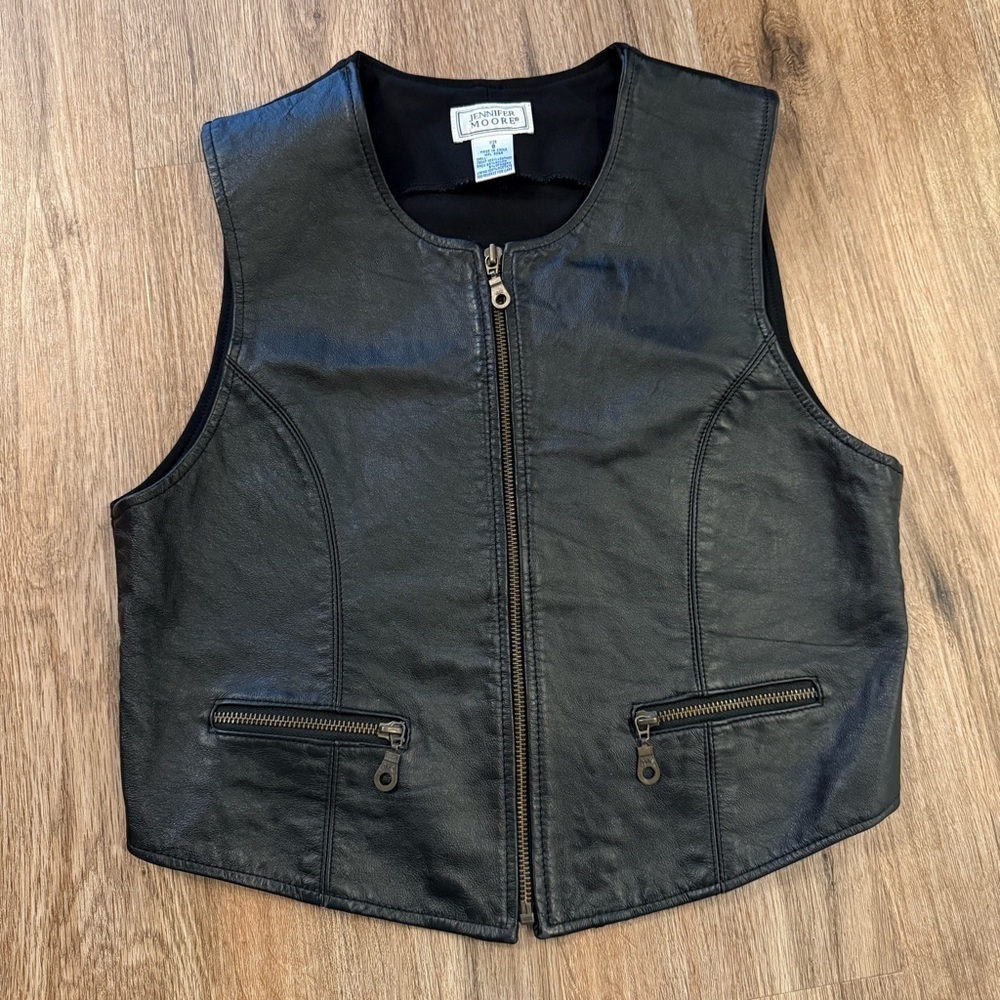 Vintage Vest Women 8 Black Leather Full Zip Knit Back Moto Rocker Goth Dark 90s